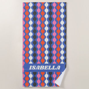 Retro Abstract Stripes Blue Pink Personalized Name Beach Towel