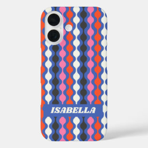 Retro Abstract Stripes Blue Pink Personalized Name iPhone 16 Case