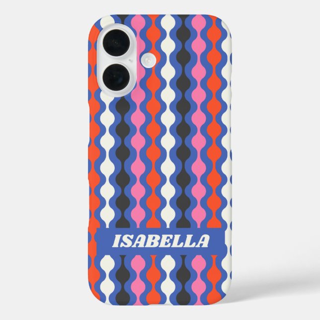 Retro Abstract Stripes Blue Pink Personalized Name Case-Mate iPhone Case (Back)