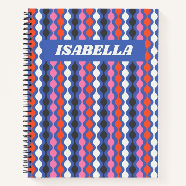 Retro Abstract Stripes Blue Pink Personalized Name Notebook (Front)