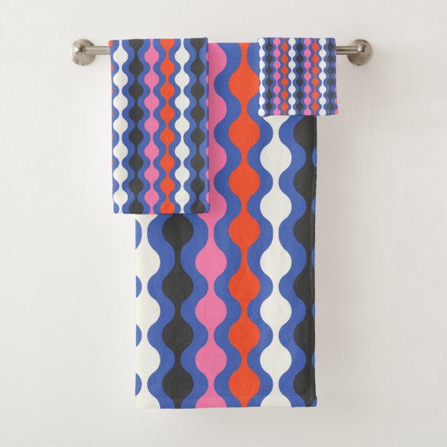 Retro Abstract Stripes in Bright Blue and Pink Bath Towel Set (Insitu)