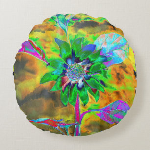 Retro abstract sunflower painting green gold round pillow