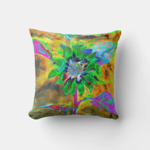 Retro abstract sunflower painting green gold throw pillow