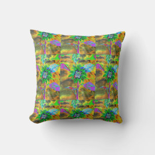 Retro abstract sunflower painting green gold throw pillow
