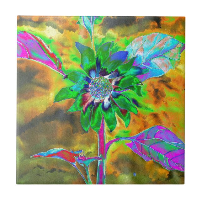 Retro abstract sunflower painting green gold tile (Front)