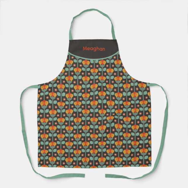 Retro Abstract Teal Gold Red Floral  Apron (Front)