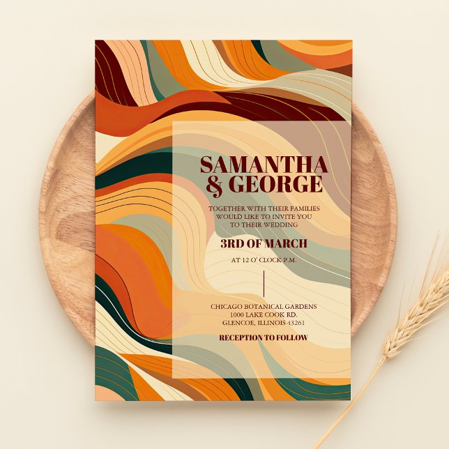 Retro Abstract Terracotta Orange Wedding Invitation (Retro Retro Abstract Terracotta Orange Wedding Invitation)