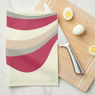 Retro Abstract Waves, Magenta, Pink, Grey, Cream Kitchen Towel
