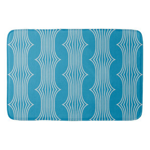 Retro Abstract White Lines on Blue Pattern Bath Mat