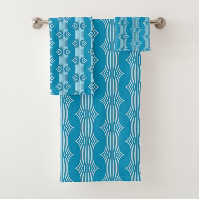 Retro Abstract White Lines on Blue Pattern Bath Towel Set (Insitu)