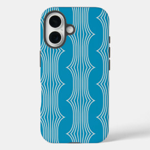 Retro Abstract White Lines on Blue Pattern iPhone 16 Case