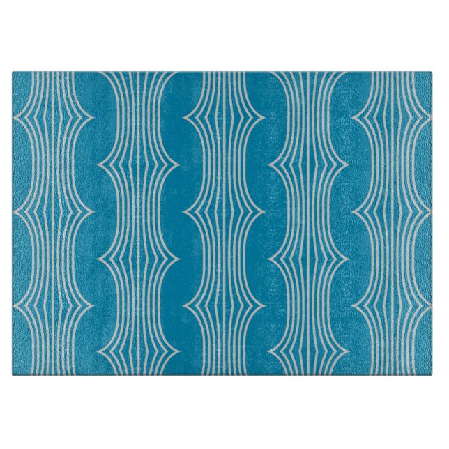 Retro Abstract White Lines on Blue Pattern Cutting Board (Front)