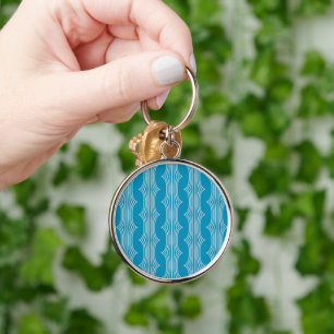 Retro Abstract White Lines on Blue Pattern Keychain