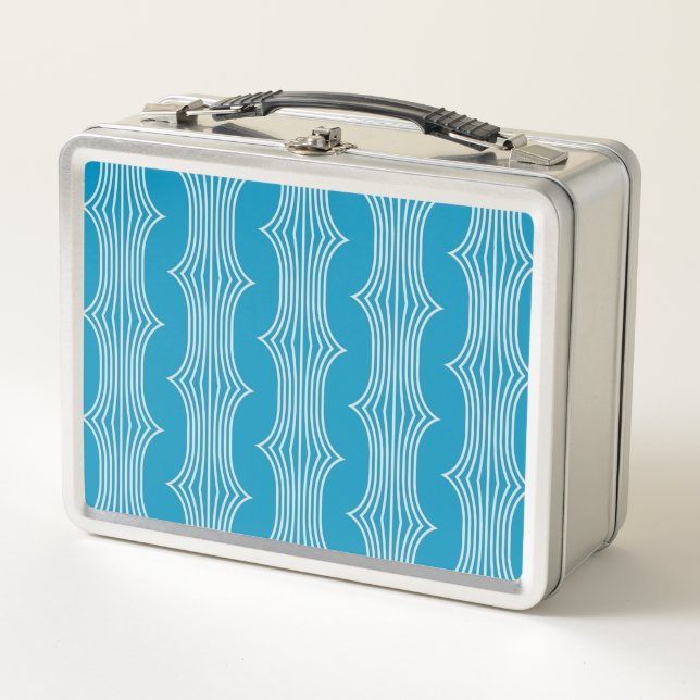 Retro Abstract White Lines on Blue Pattern Metal Lunch Box (Front)