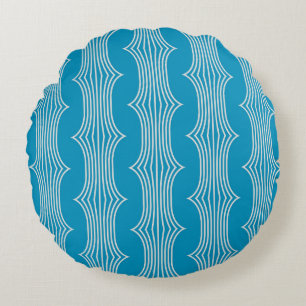 Retro Abstract White Lines on Blue Pattern Round Pillow