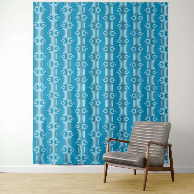 Retro Abstract White Lines on Blue Pattern Tapestry (In Situ)