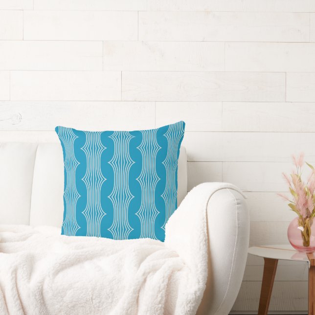 Retro Abstract White Lines on Blue Pattern Throw Pillow (Couch)