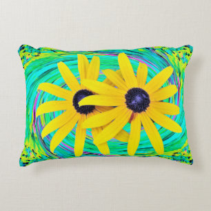 Retro Abstract Yellow Flowers on Aqua Swirl Accent Pillow