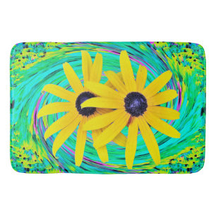 Retro Abstract Yellow Flowers on Aqua Swirl Bath Mat