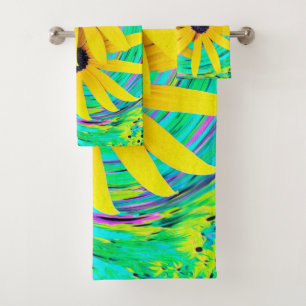 Retro Abstract Yellow Flowers on Aqua Swirl Bath Towel Set