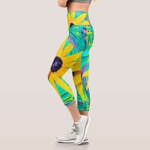 Retro Abstract Yellow Flowers on Aqua Swirl Capri Leggings