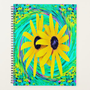 Retro Abstract Yellow Flowers on Aqua Swirl Planner