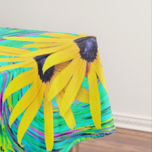 Retro Abstract Yellow Flowers on Aqua Swirl Tablecloth