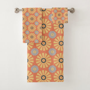 Retro Abstrat Blue and Orange Daisies Pattern Bath Towel Set