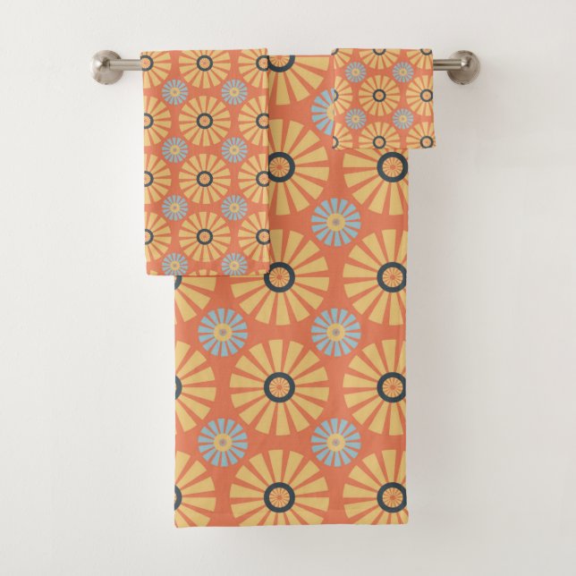 Retro Abstrat Blue and Orange Daisies Pattern Bath Towel Set (Insitu)