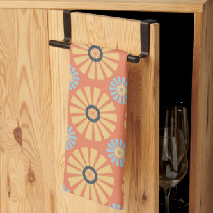 Retro Abstrat Blue and Orange Daisies Pattern Kitchen Towel