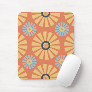 Retro Abstrat Blue and Orange Daisies Pattern Mouse Pad