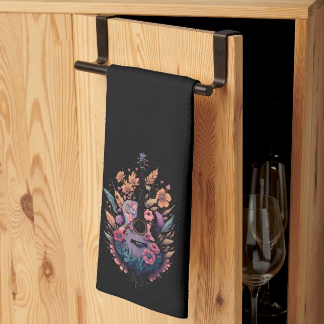 Retro Acoustic Guitar Flowers Hippie Groovy  Kitchen Towel (Thirds Fold)