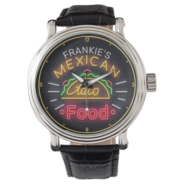 Retro ADD NAME Faux Neon Mexican Food Taco Diner Watch (Front)