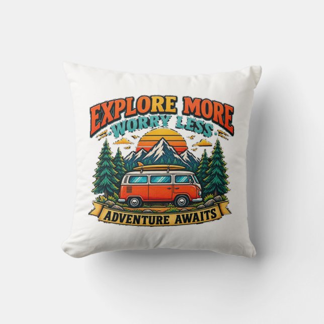 Retro Adventure Camping Throw Pillow (Front)