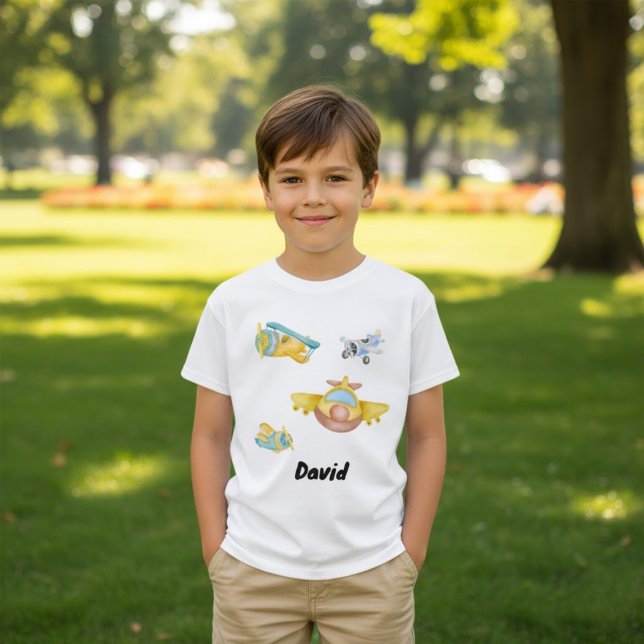 Retro Aeroplane Watercolor Customized Name T-Shirt (Creator Uploaded)