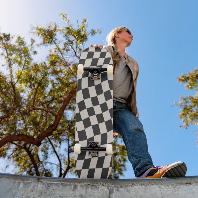 Retro Aesthetic Black White Wavy Checkerboard Skateboard (Outdoor 1)