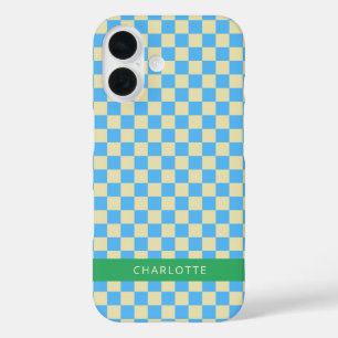 Retro Aesthetic Chequerboard Blue Personalized iPhone 16 Case