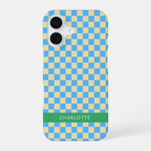 Retro Aesthetic Chequerboard Blue Personalized iPhone 16 Case