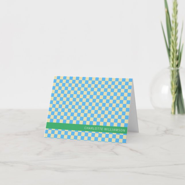 Retro Aesthetic Chequerboard Blue Personalized Note Card (Front)