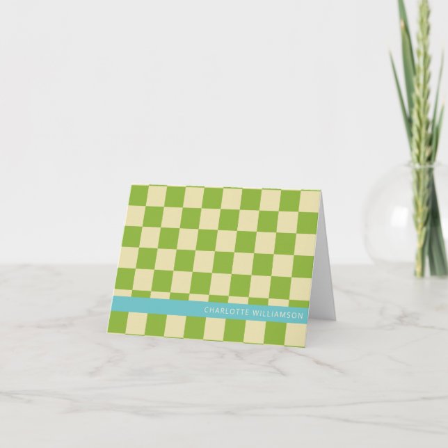 Retro Aesthetic Chequerboard Green Personalized Note Card (Front)