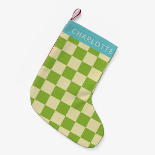 Retro Aesthetic Chequerboard Green Personalized  Small Christmas Stocking