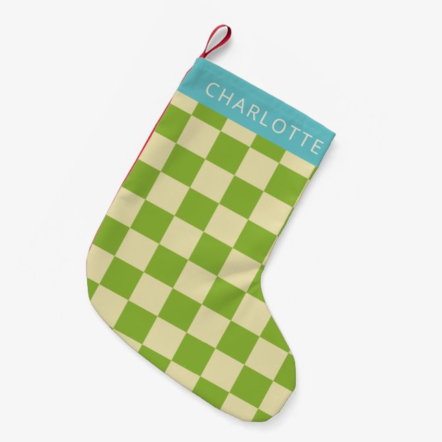 Retro Aesthetic Chequerboard Green Personalized  Small Christmas Stocking (Front (Hanging))