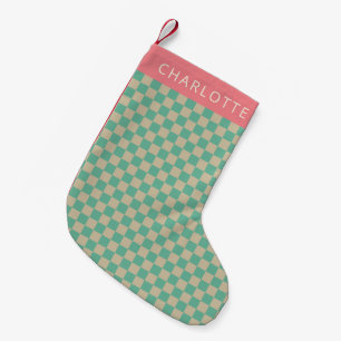 Retro Aesthetic Chequerboard Mint Personalized   Small Christmas Stocking