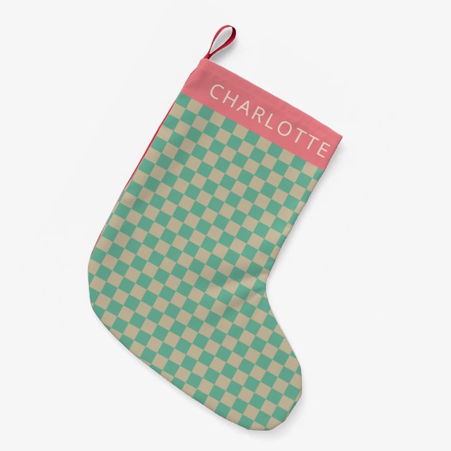Retro Aesthetic Chequerboard Mint Personalized   Small Christmas Stocking (Front (Hanging))