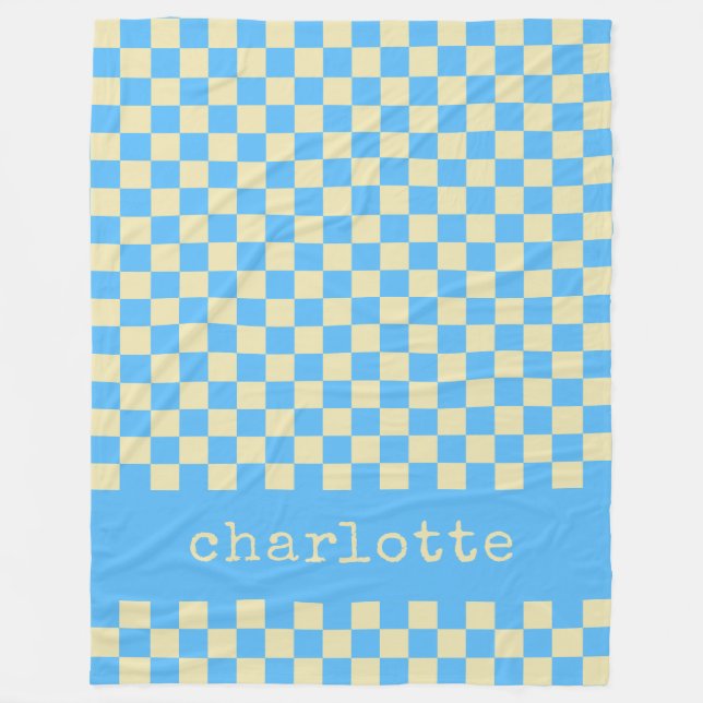 Retro Aesthetic Chequerboard Pattern Blue Name Fleece Blanket (Front)