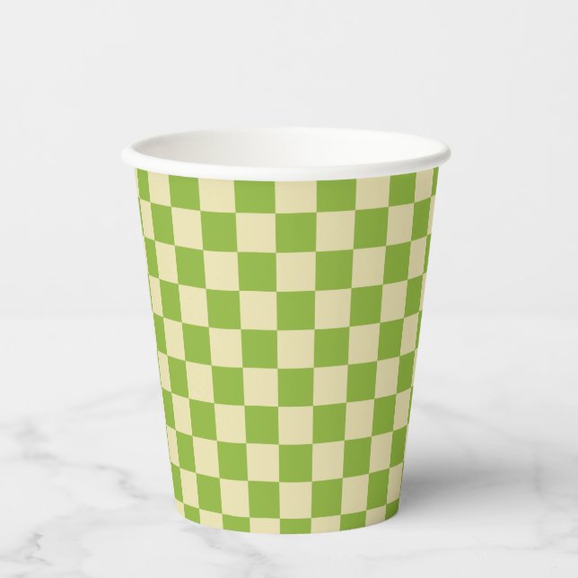 Retro Aesthetic Chequerboard Pattern Green White  Paper Cups (Front)