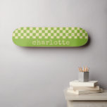 Retro Aesthetic Chequerboard Pattern Name Green   Skateboard<br><div class="desc">Personalized Name Retro Aesthetic Chequerboard Pattern Green and White Skateboard</div>