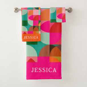 Retro Aesthetic Colorful Geometric Pattern Name  Bath Towel Set