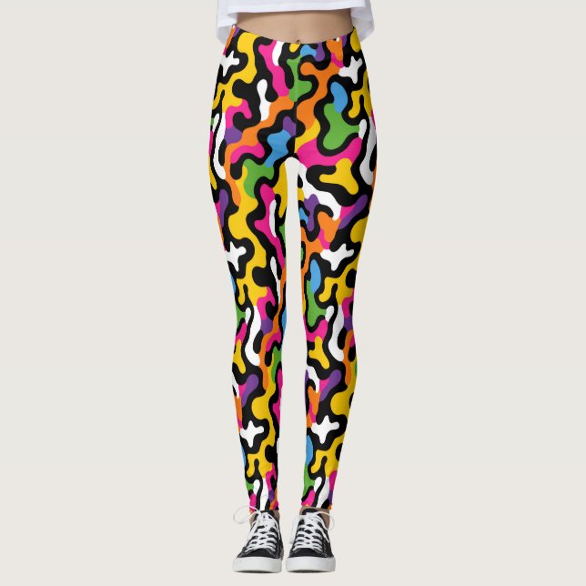 Retro Aesthetic Funky Swirls Colourful Pattern y2k Leggings (Front)