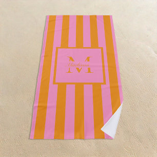 Retro Aesthetic Pink Orange Personalized Monogram  Beach Towel